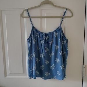 H&M Linen Blend L Blue White Floral Spaghetti Straps Top Boho Festival Vacation